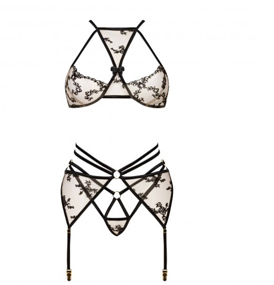 Conjunto Beauty Night Fashion Aisha de 3 Piezas - Tul Nude con Bordado Floral