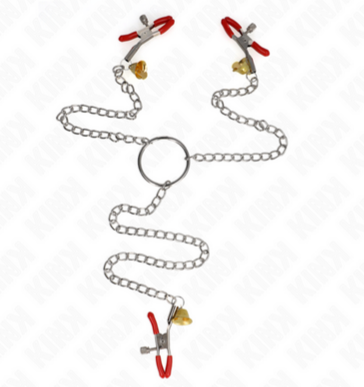 KINK - Pinzas para Pezones y Clítoris Rojas con Cascabel Dorado 30cm