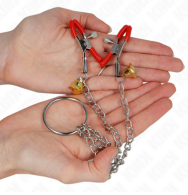 KINK - Pinzas para Pezones y Clítoris Rojas con Cascabel Dorado 30cm