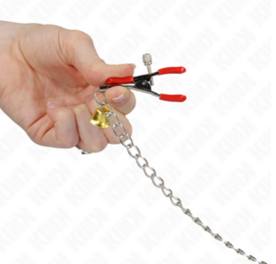 KINK - Pinzas para Pezones y Clítoris Rojas con Cascabel Dorado 30cm
