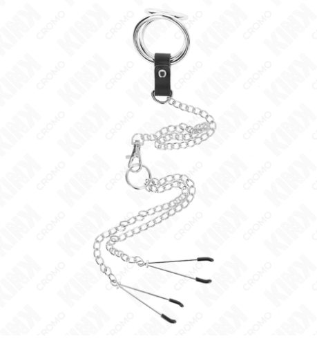 KINK - Anillo Pene Triple Metal Cromado + Cadena + Pinzas