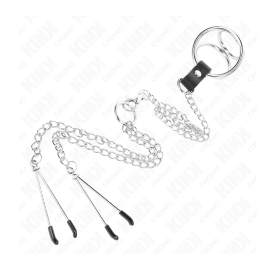 KINK - Anillo Pene Triple Metal Cromado + Cadena + Pinzas