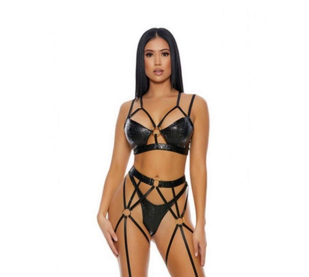 Conjunto Forplay Seductive Cage de 2 Piezas - Sujetador Halter y Tanga con Liguero