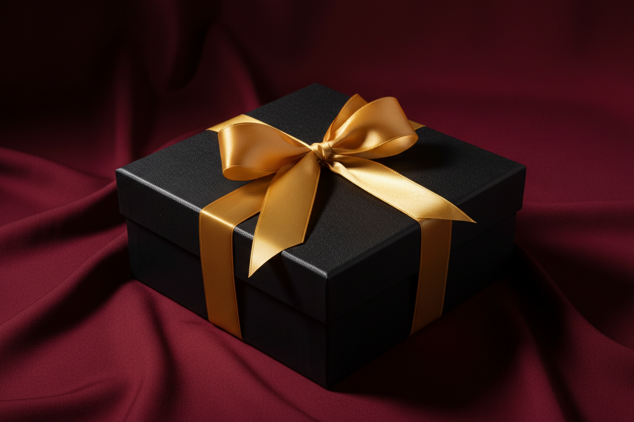 Caja negra con lazo dorado sobre fondo rojo