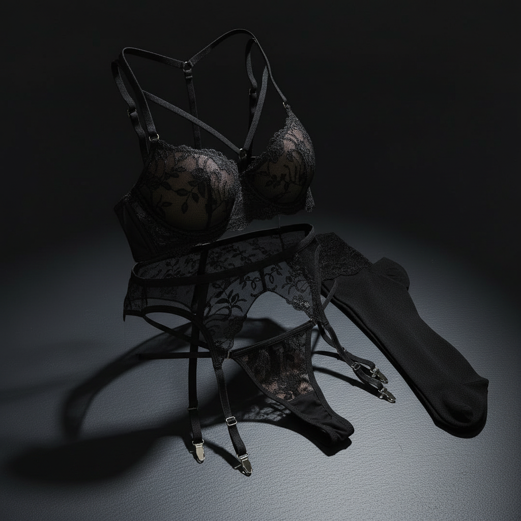 Conjunto de lencería negra con efecto 3D lateral