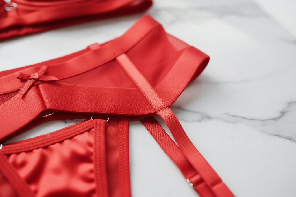 Detalle clips liguero y lazo rojo