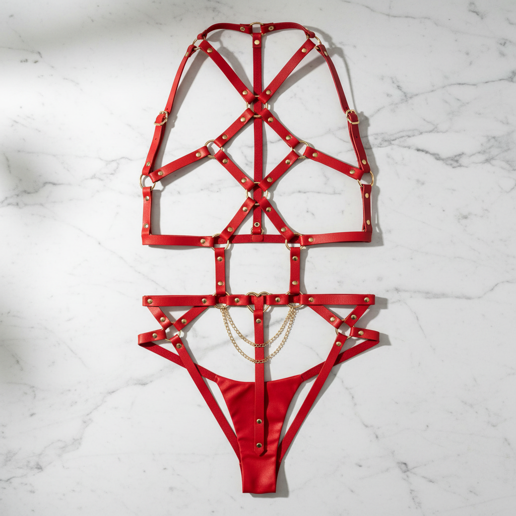 Flatlay arnés body corazón rojo