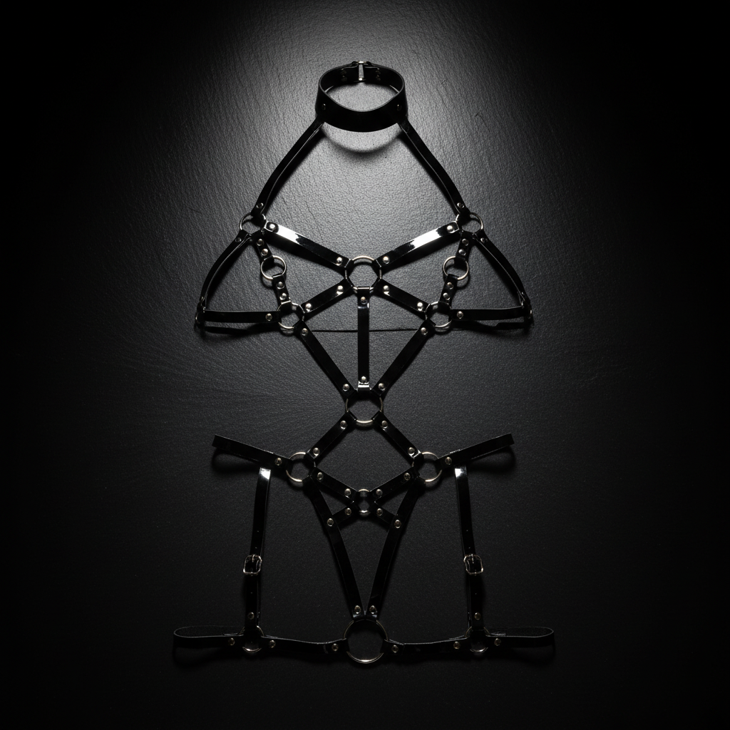 Flatlay arnés charol negro