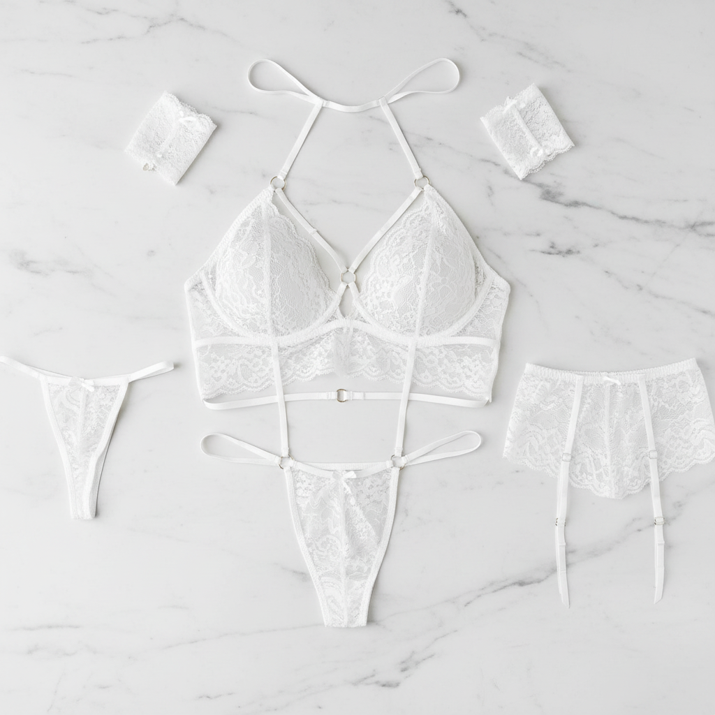 Flatlay conjunto 4 piezas blanco