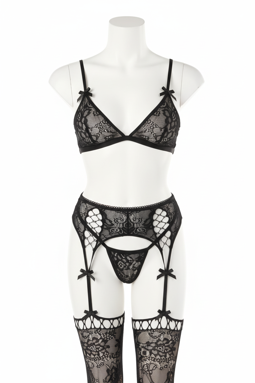 Maniquí frontal conjunto negro lazos