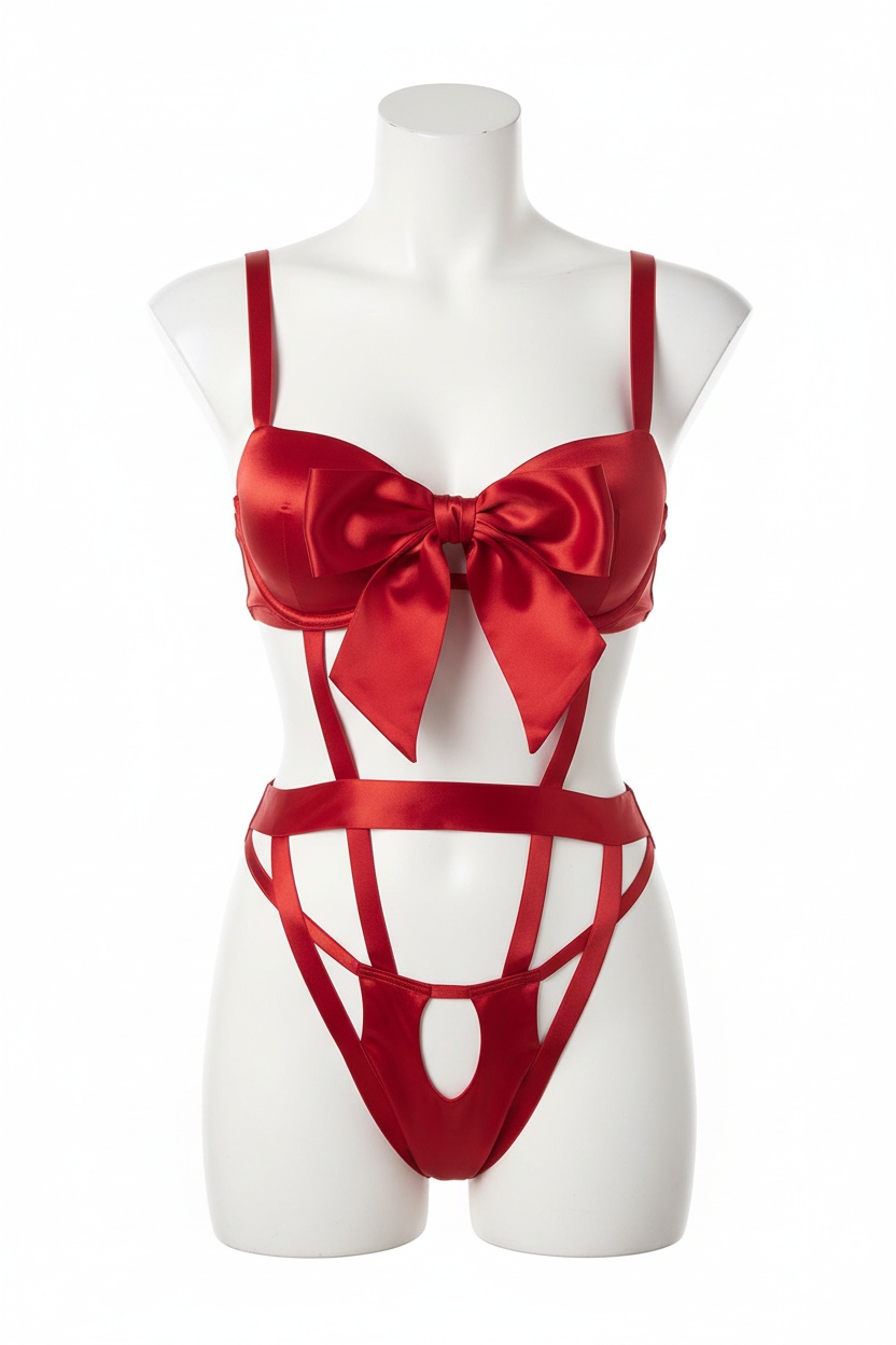 Maniquí frontal conjunto rojo lazo