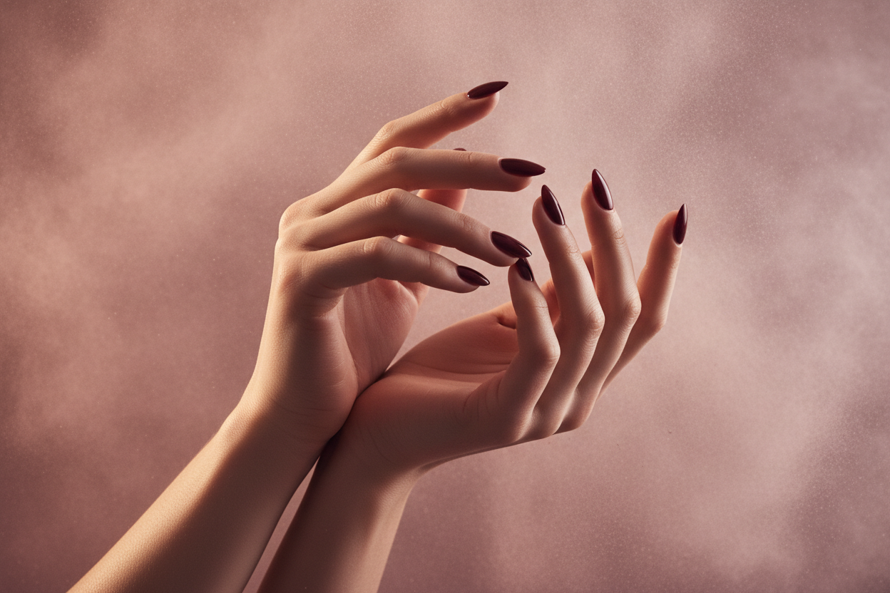 Manos femeninas sobre fondo rosa empolvado