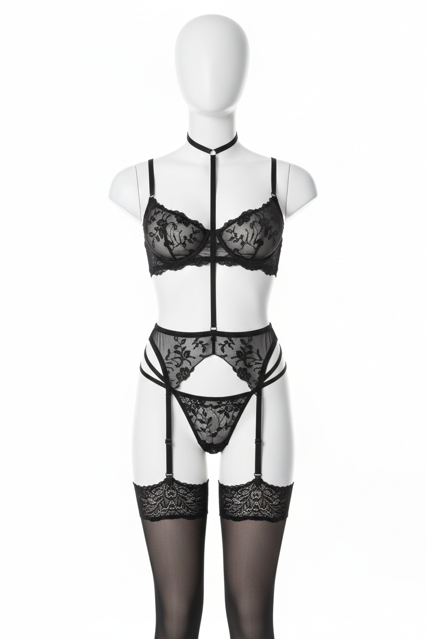 Modelo frontal conjunto negro halter